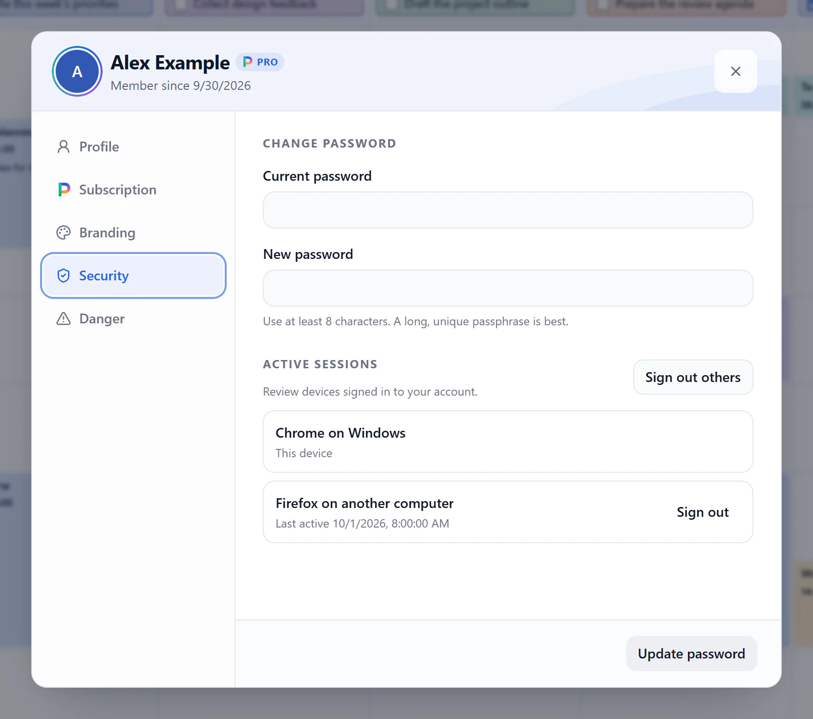 Account Security tab with This device, a second session’s Sign out button, and Sign out others