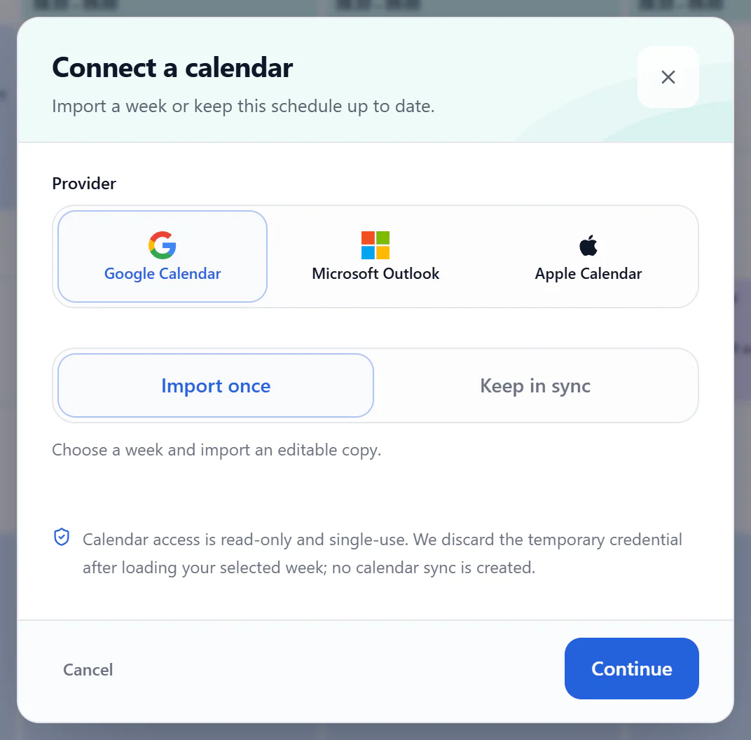 Connect a calendar dialog with Google Calendar and Import once selected, and Continue in the footer