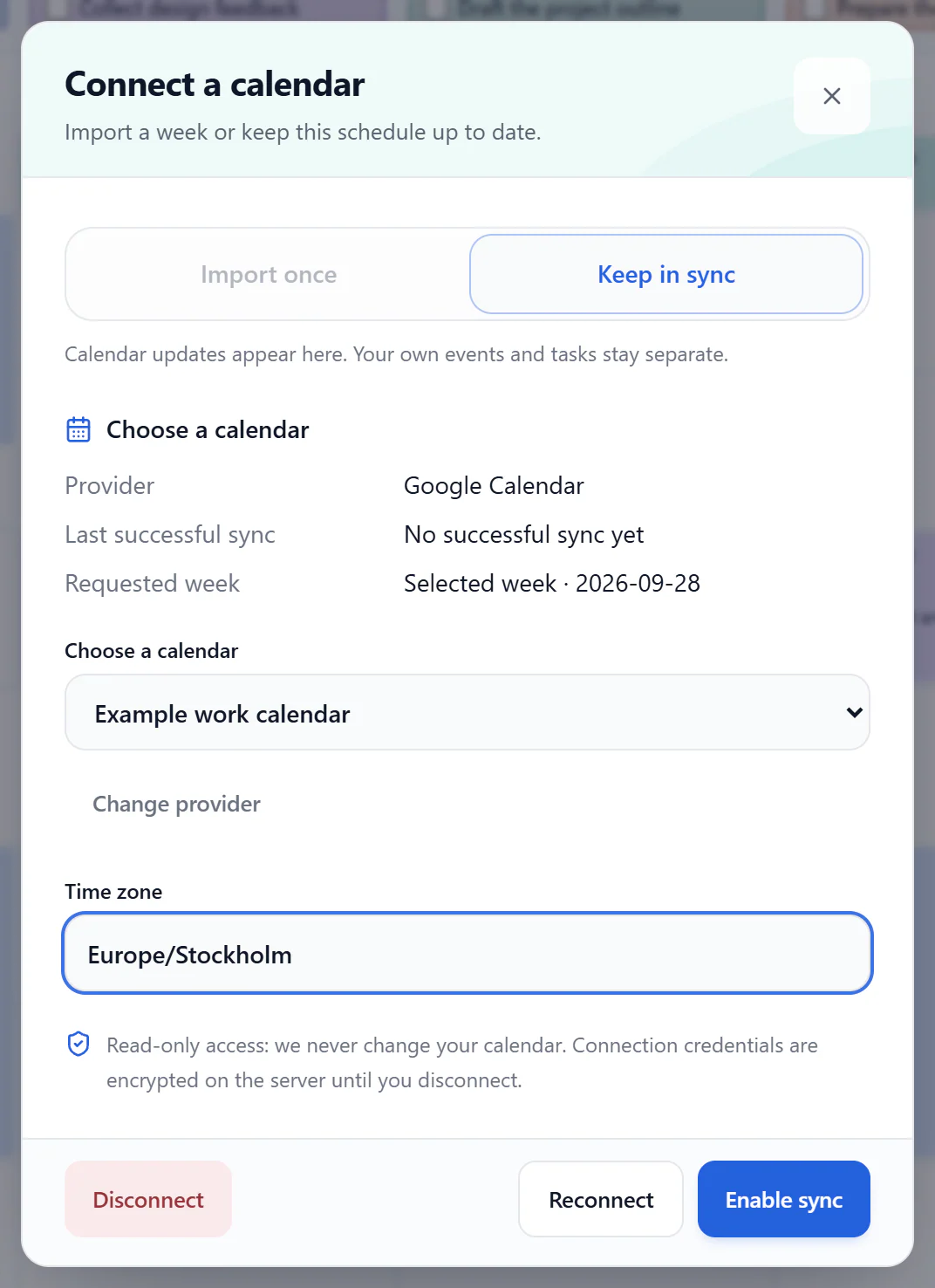 Calendar selection and Time zone fields with the Enable sync button