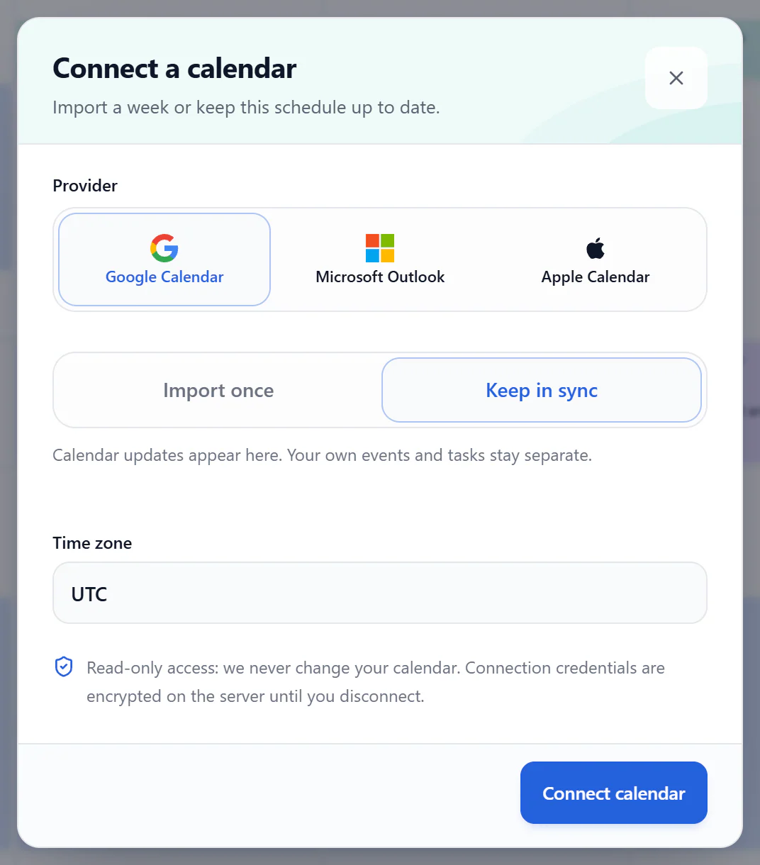 Connect a calendar dialog with provider choices above Import once and Keep in sync