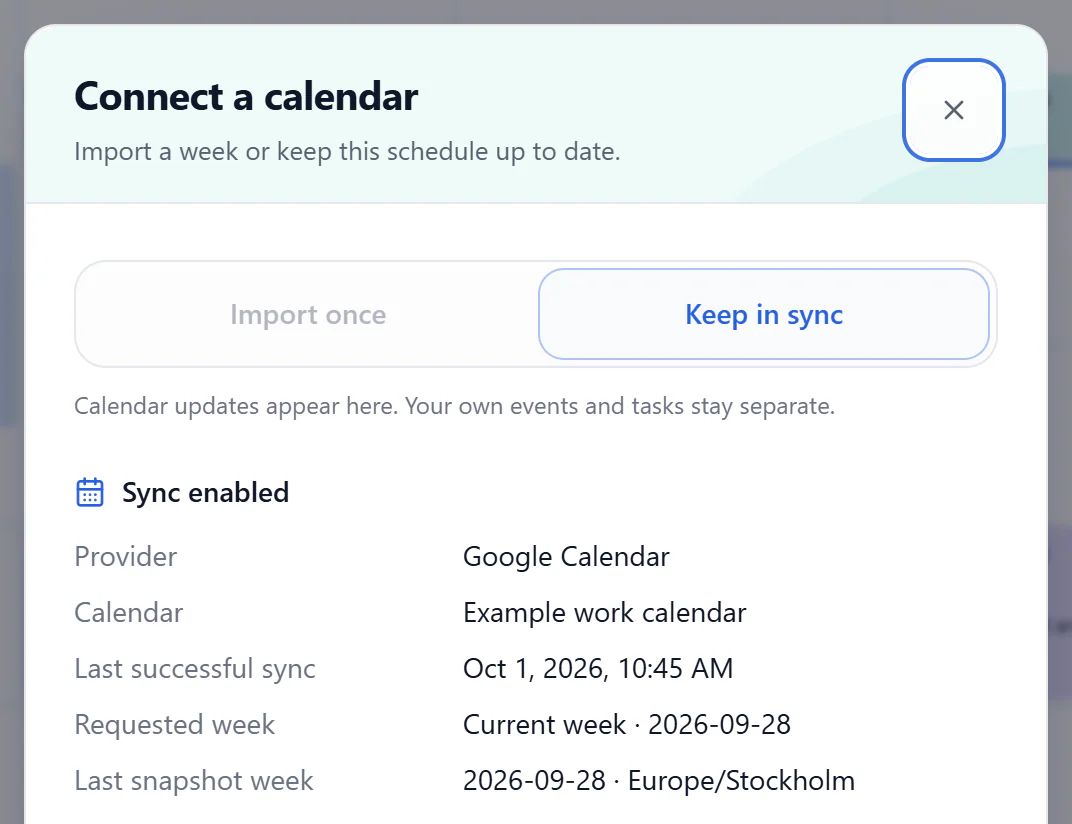Calendar connection status showing Last successful sync, Requested week, and Last snapshot week