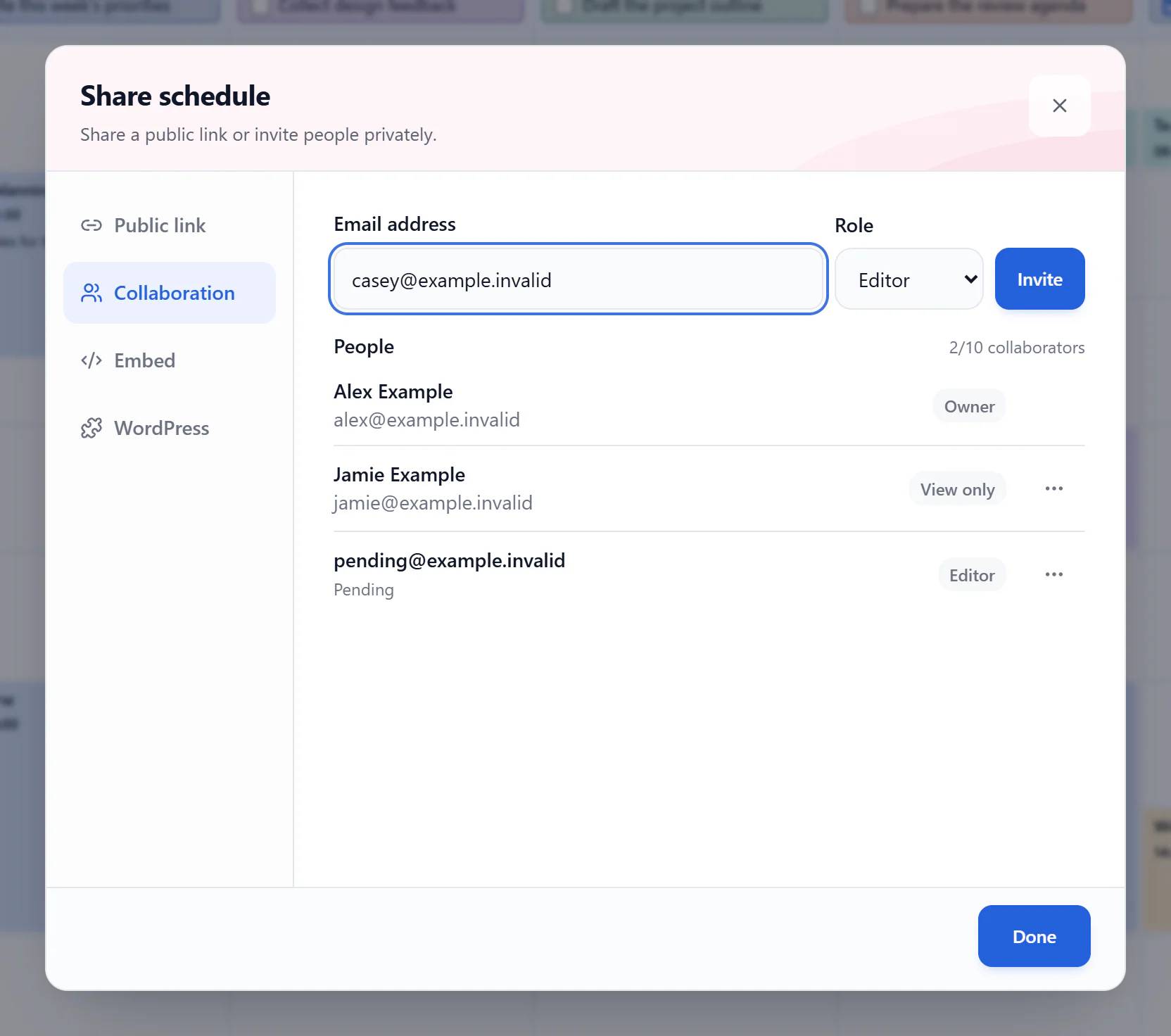 Share Collaboration tab with a sample email address, Editor role, Invite, and the People list