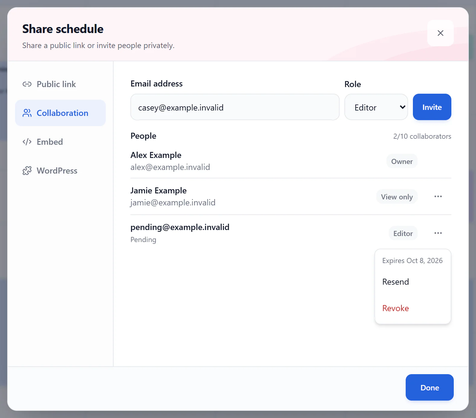 Pending invitation’s People menu showing its expiry date, Resend, and Revoke