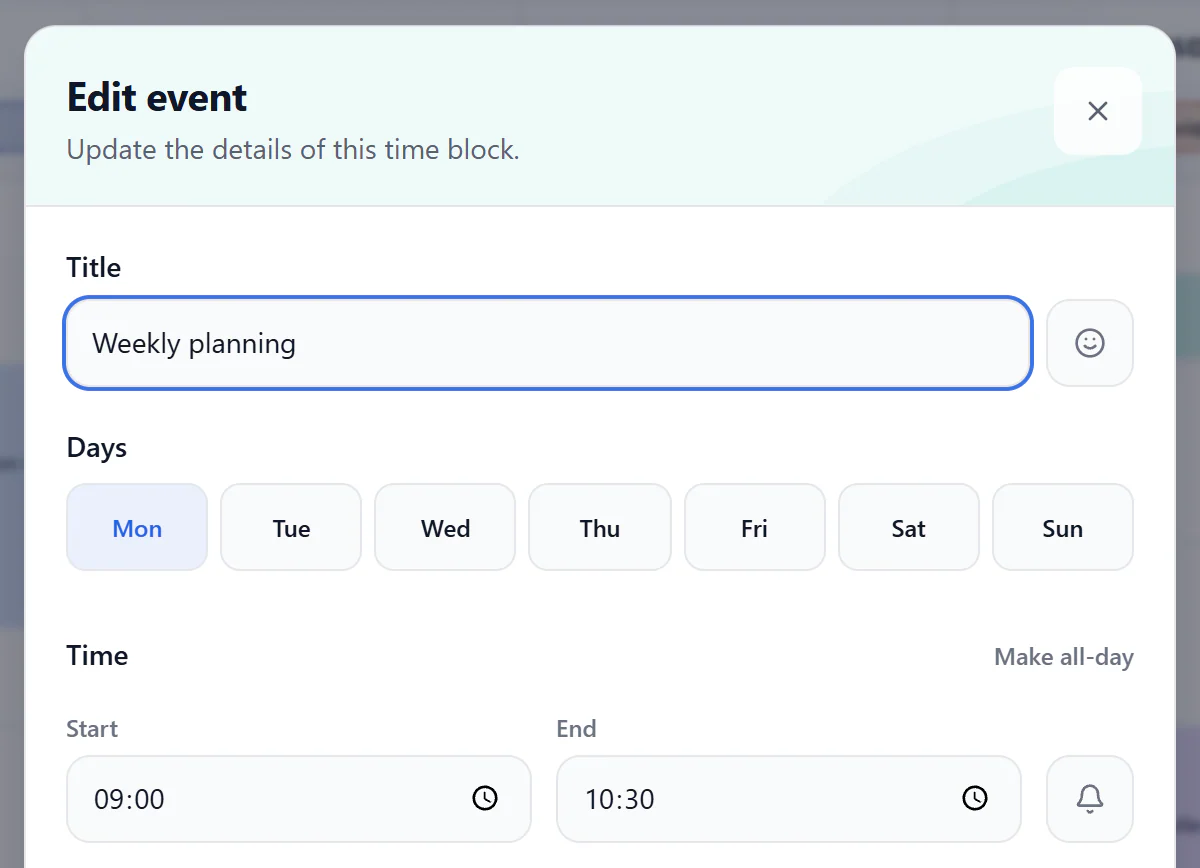 Edit event dialog showing the event title, Monday selection, and time fields