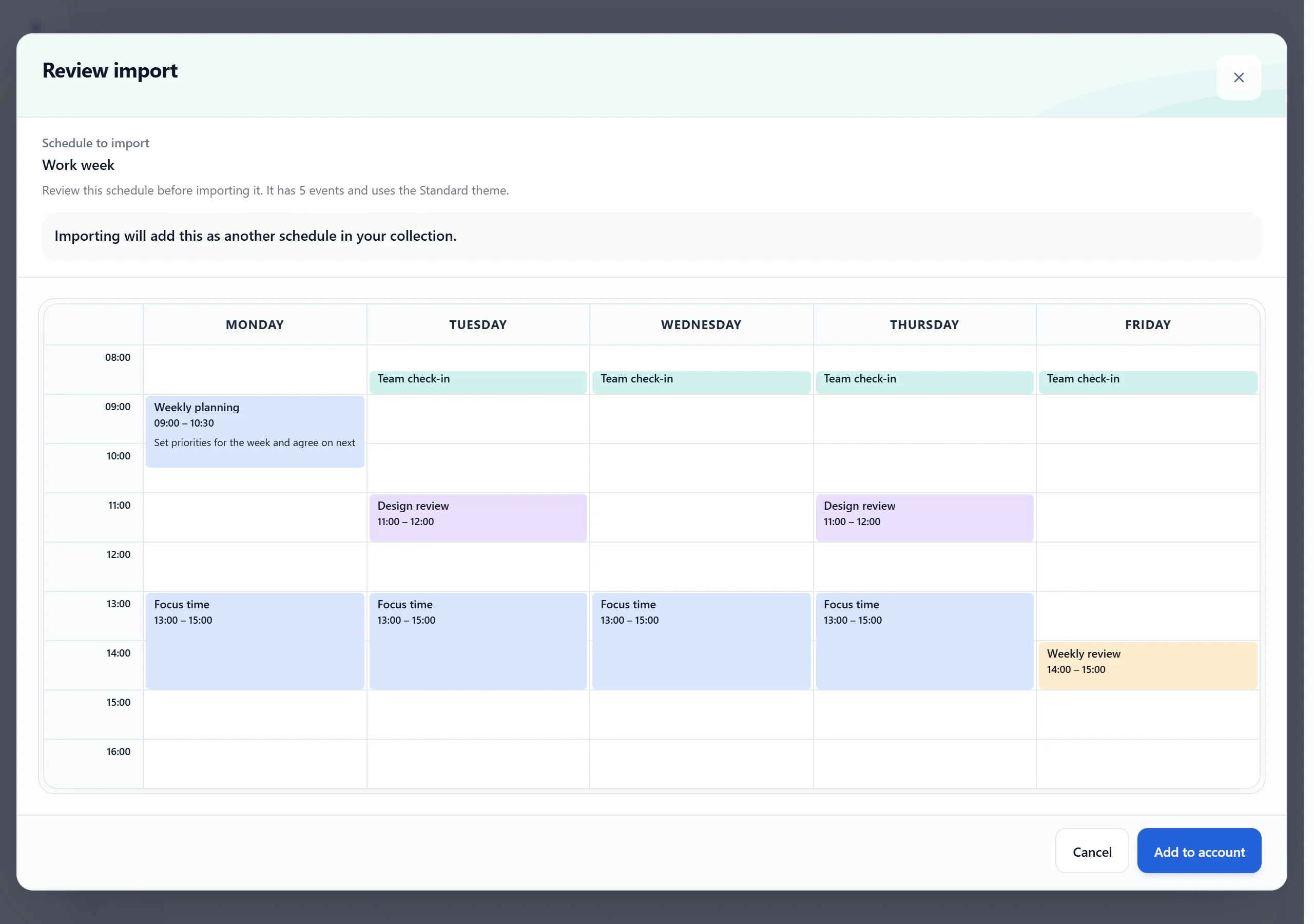 Review import explaining that the schedule will be added to the collection, with Cancel and Add to account
