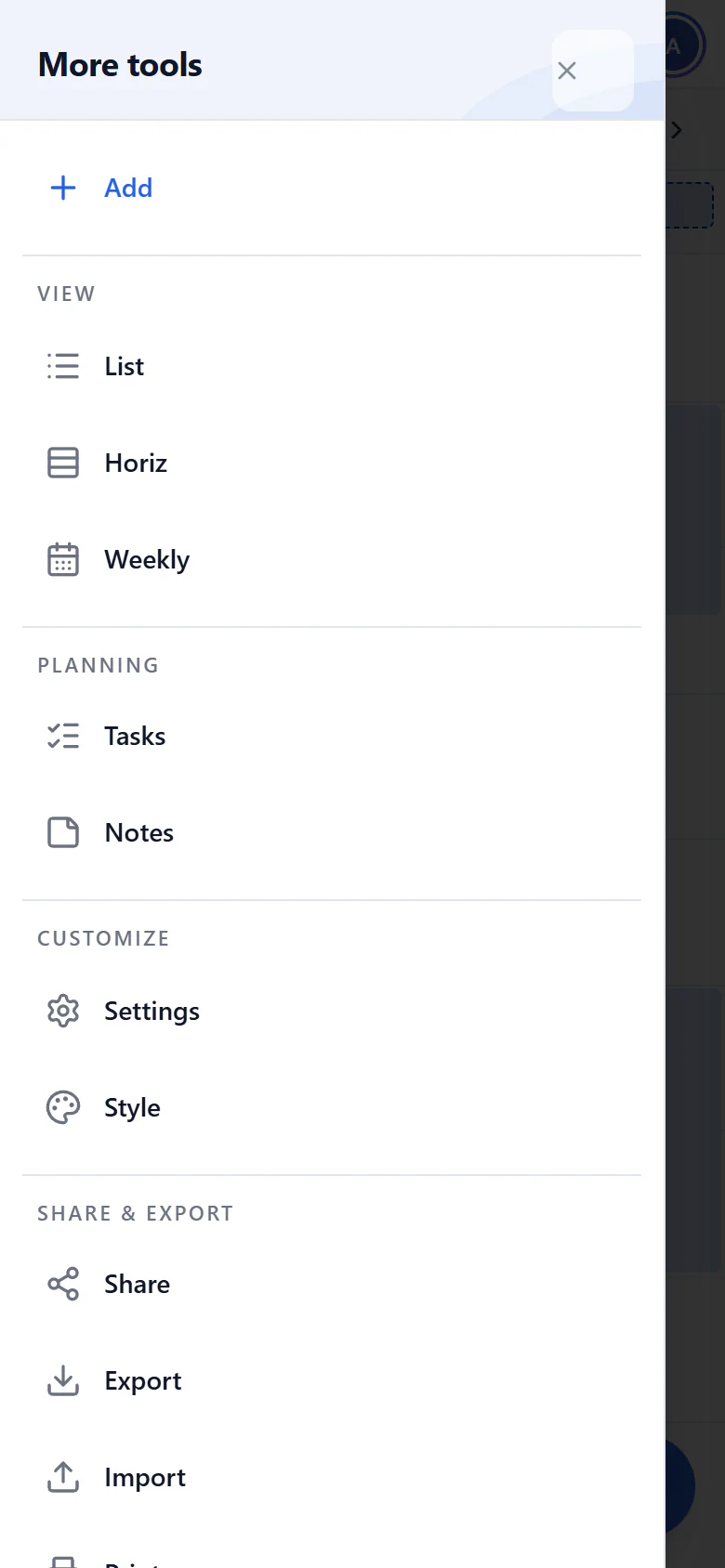 Mobile web Schedule tools drawer with Tasks and Notes under Planning
