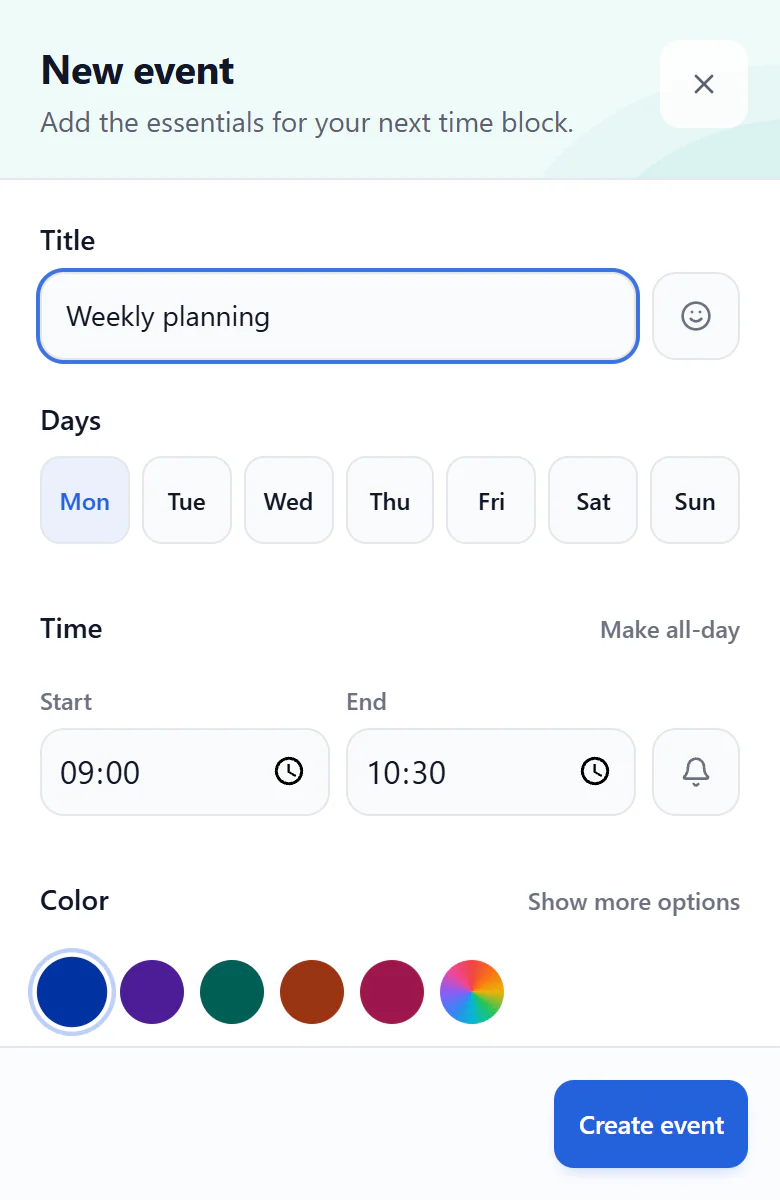 Mobile web New event dialog with Weekly planning on Monday from 09:00 to 10:30 and the Create event button visible at the bottom