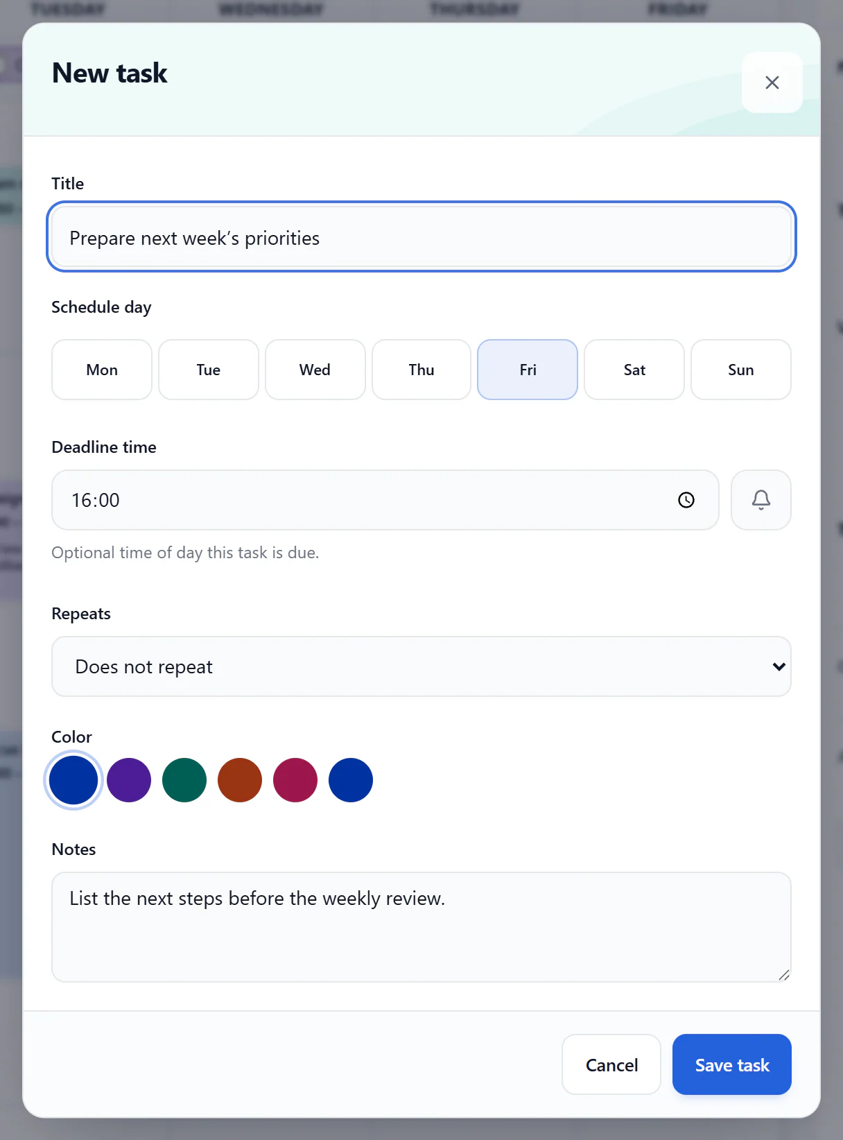 New task dialog showing a title, weekday, deadline time, repetition, color, notes, and Save task.