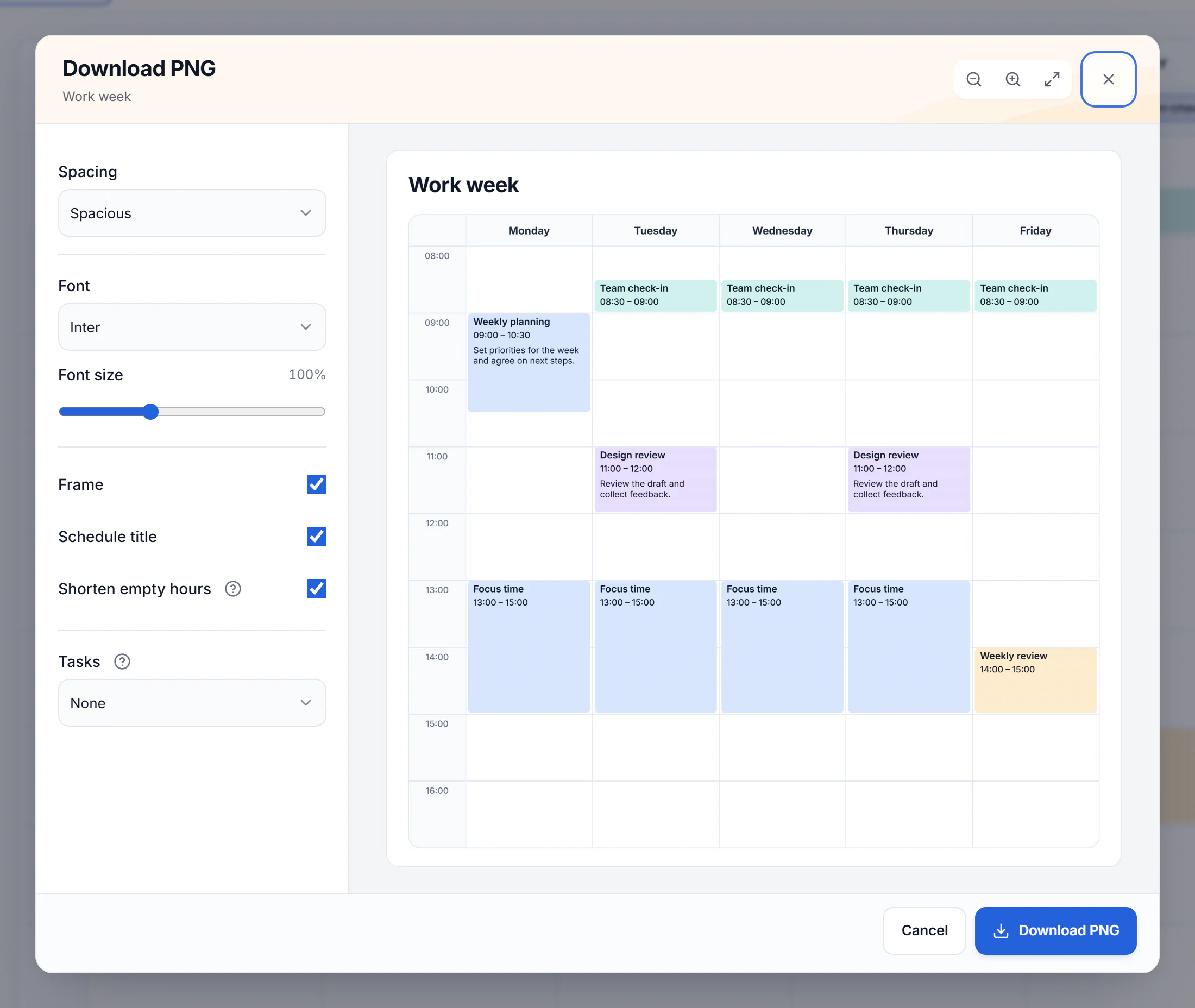 Download PNG dialog with visual settings, Tasks set to None, a single schedule image, and Download PNG