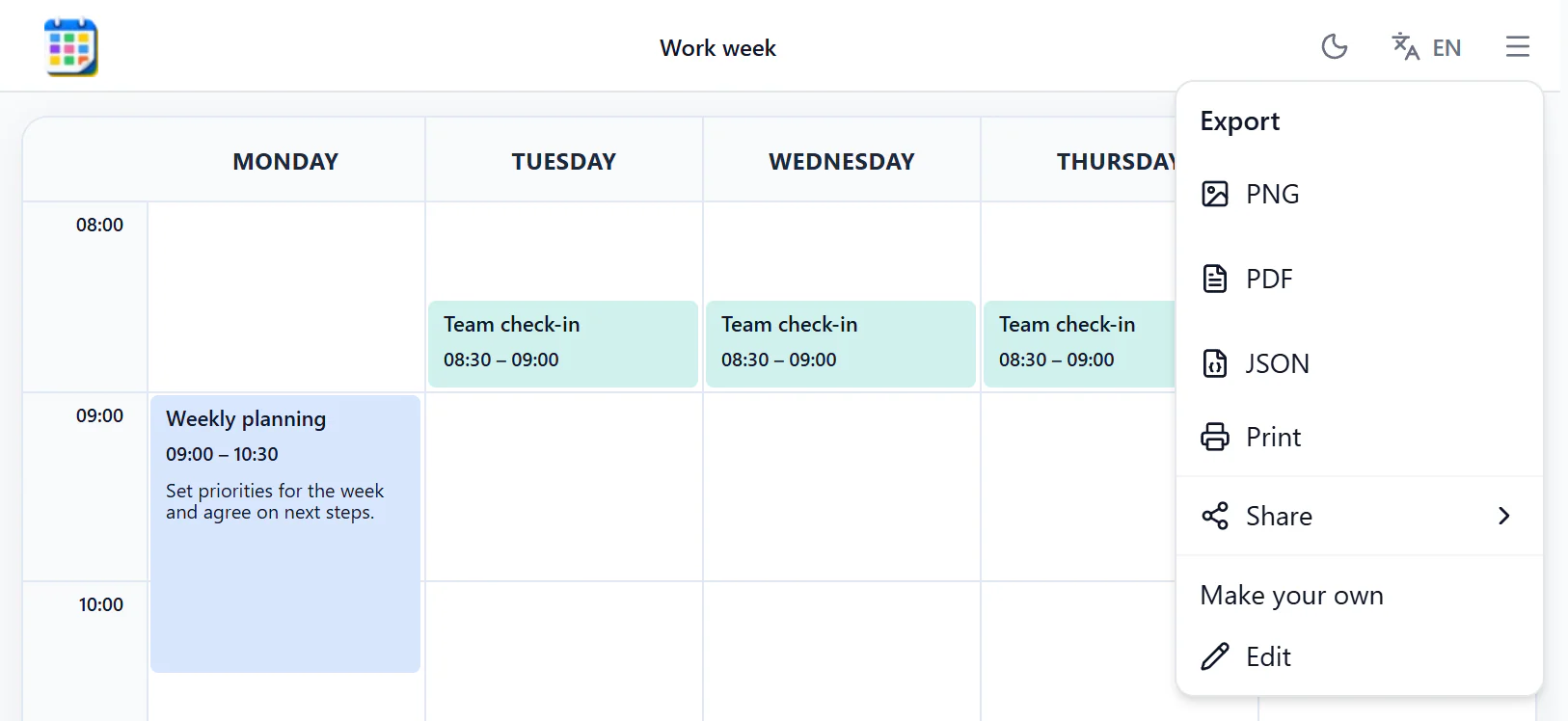 Public schedule More actions menu with PNG, PDF, JSON, Print, Share, Make your own, and Edit