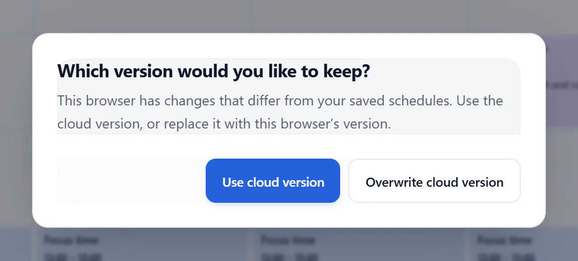 Version-choice prompt with Use cloud version and Overwrite cloud version