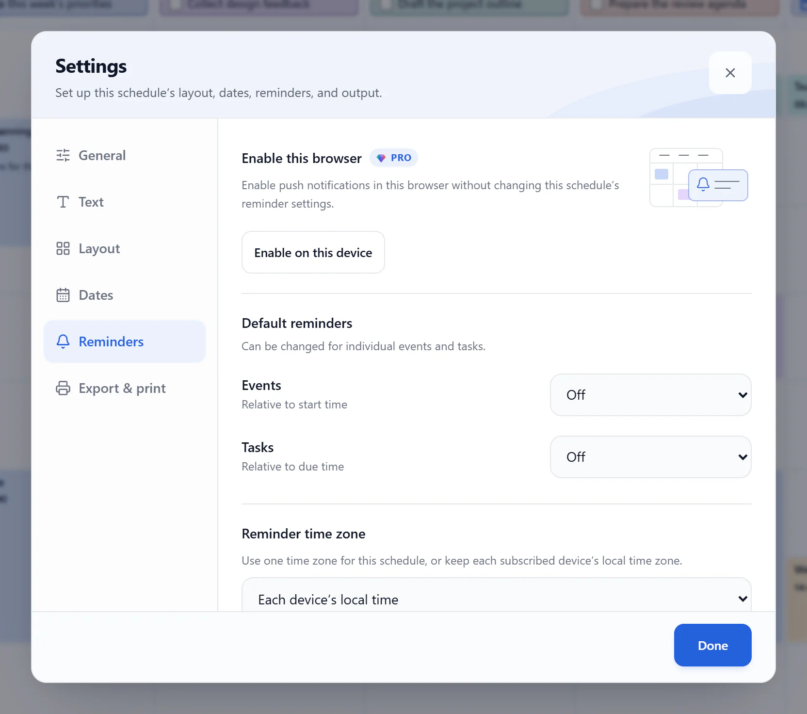 Reminders settings showing Enable on this device and separate Events and Tasks defaults, both Off