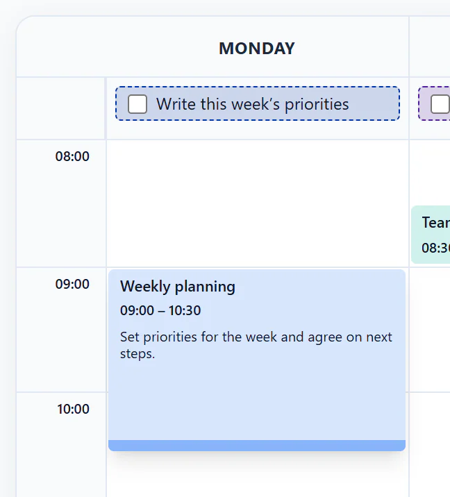 Close-up of the bottom resize handle on a timed event in the Monday column