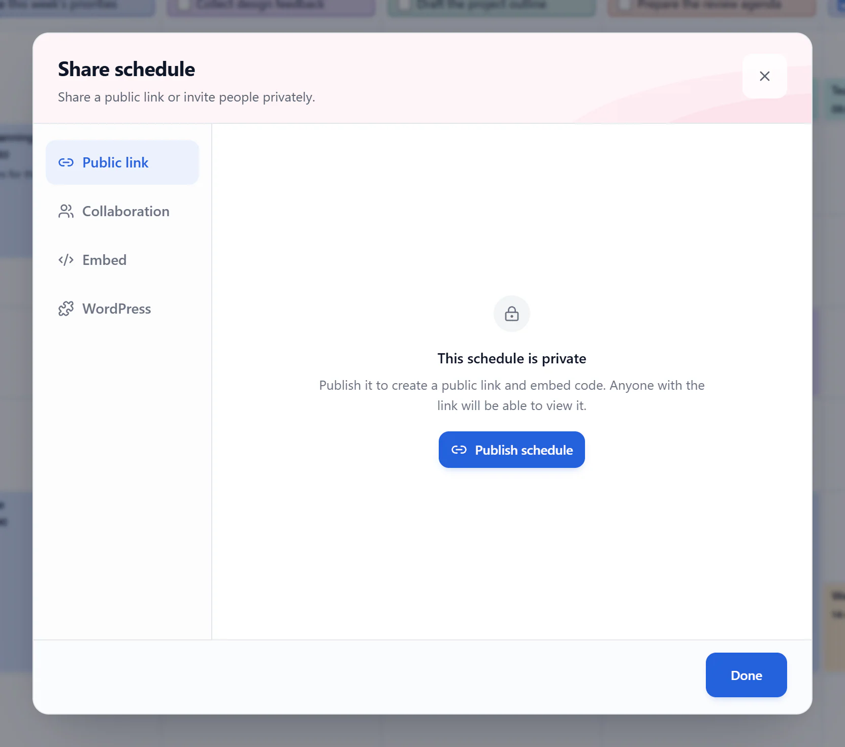 Share dialog with Public link selected and the private schedule offering Publish schedule