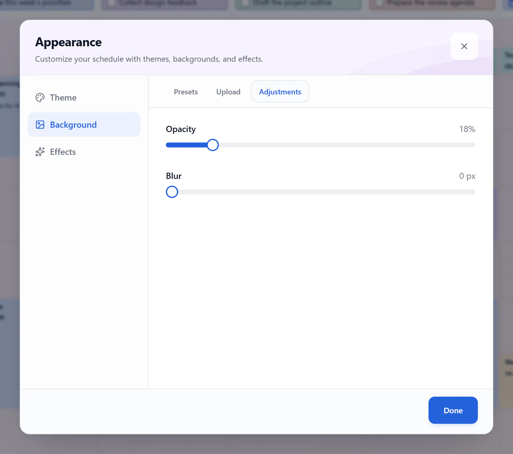 Background adjustments with opacity set to 18 percent and blur set to zero
