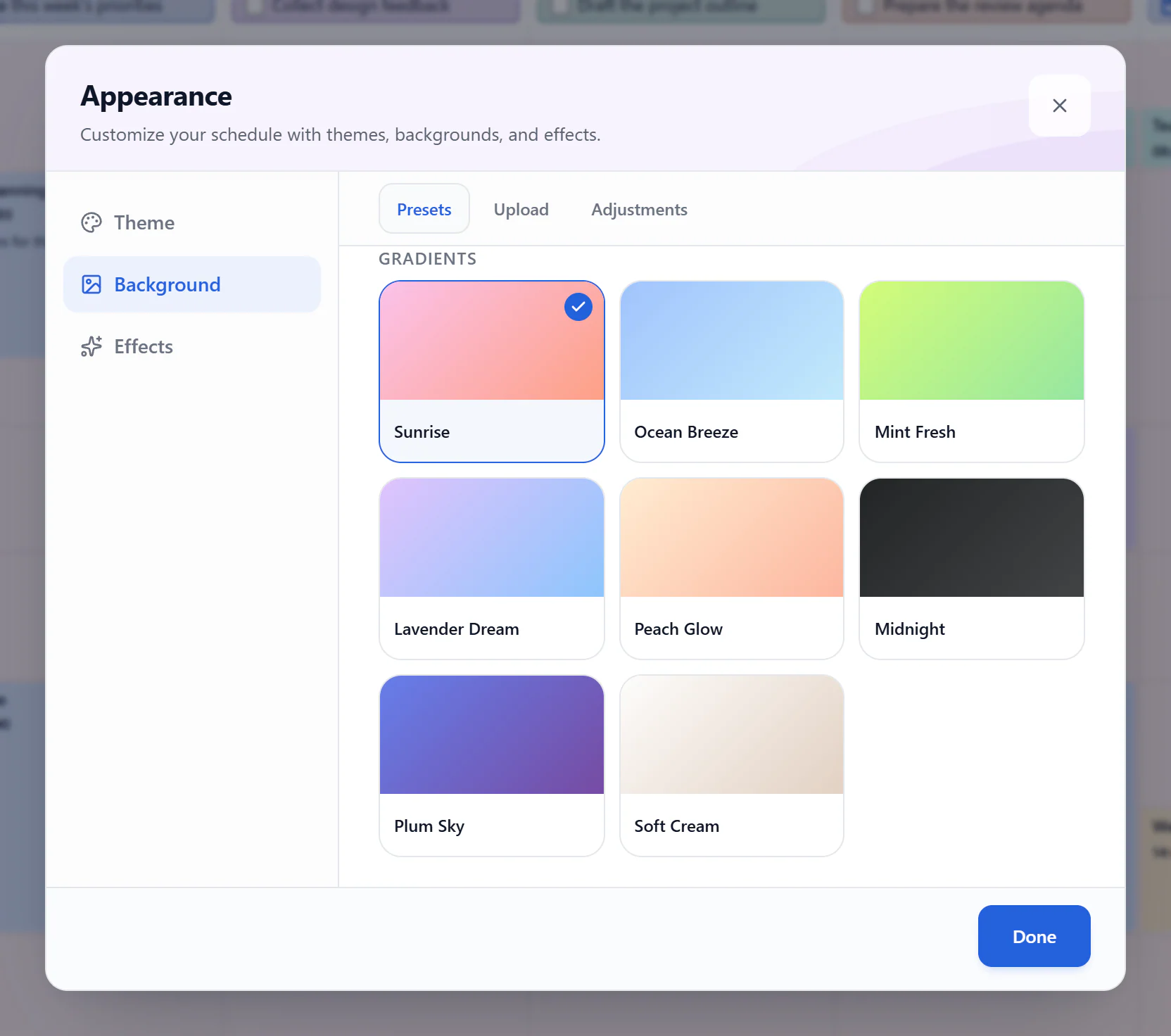 Background preset picker showing built-in gradients with Sunrise selected