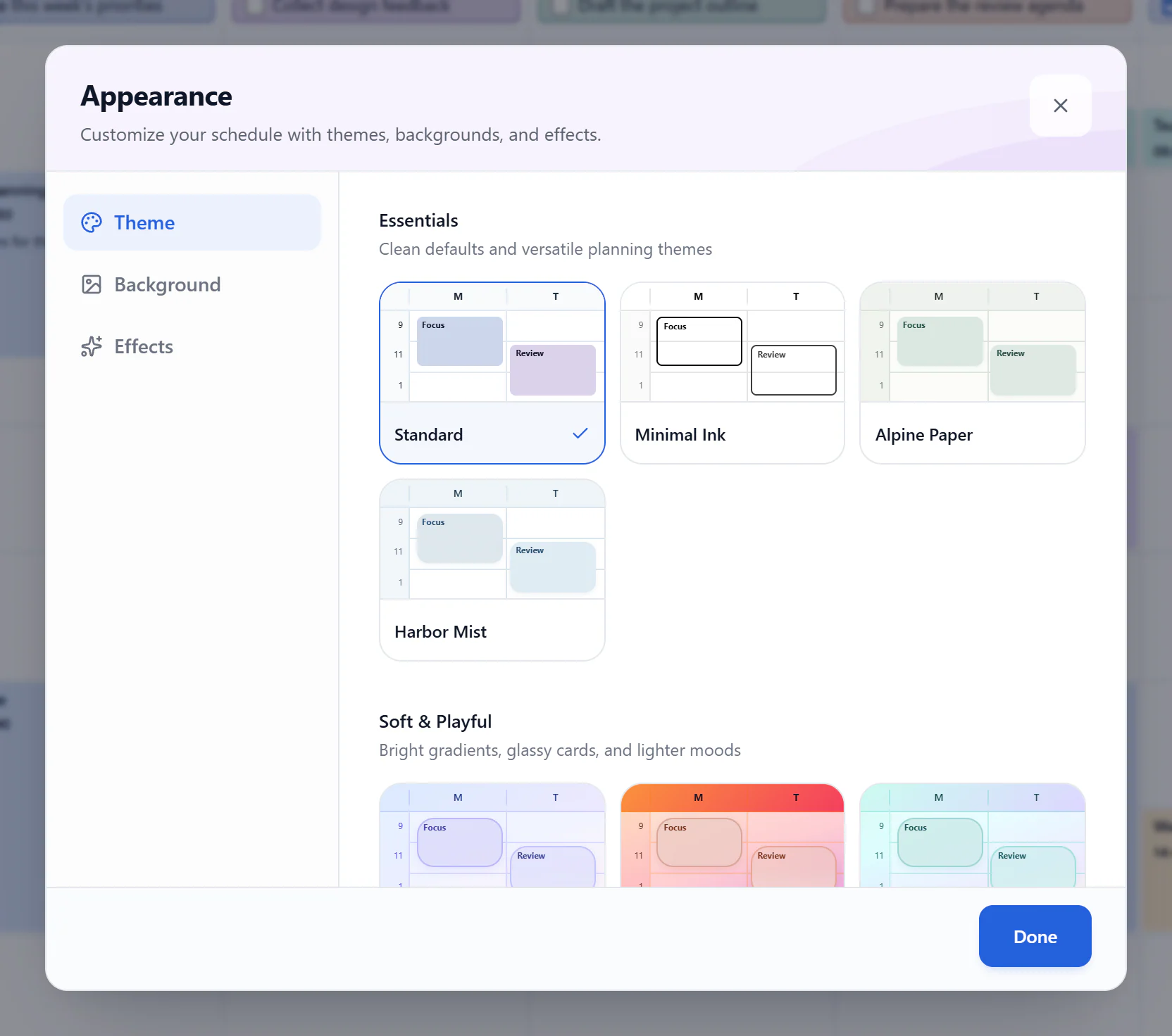 Appearance dialog with the Theme tab selected and Standard marked as the current theme