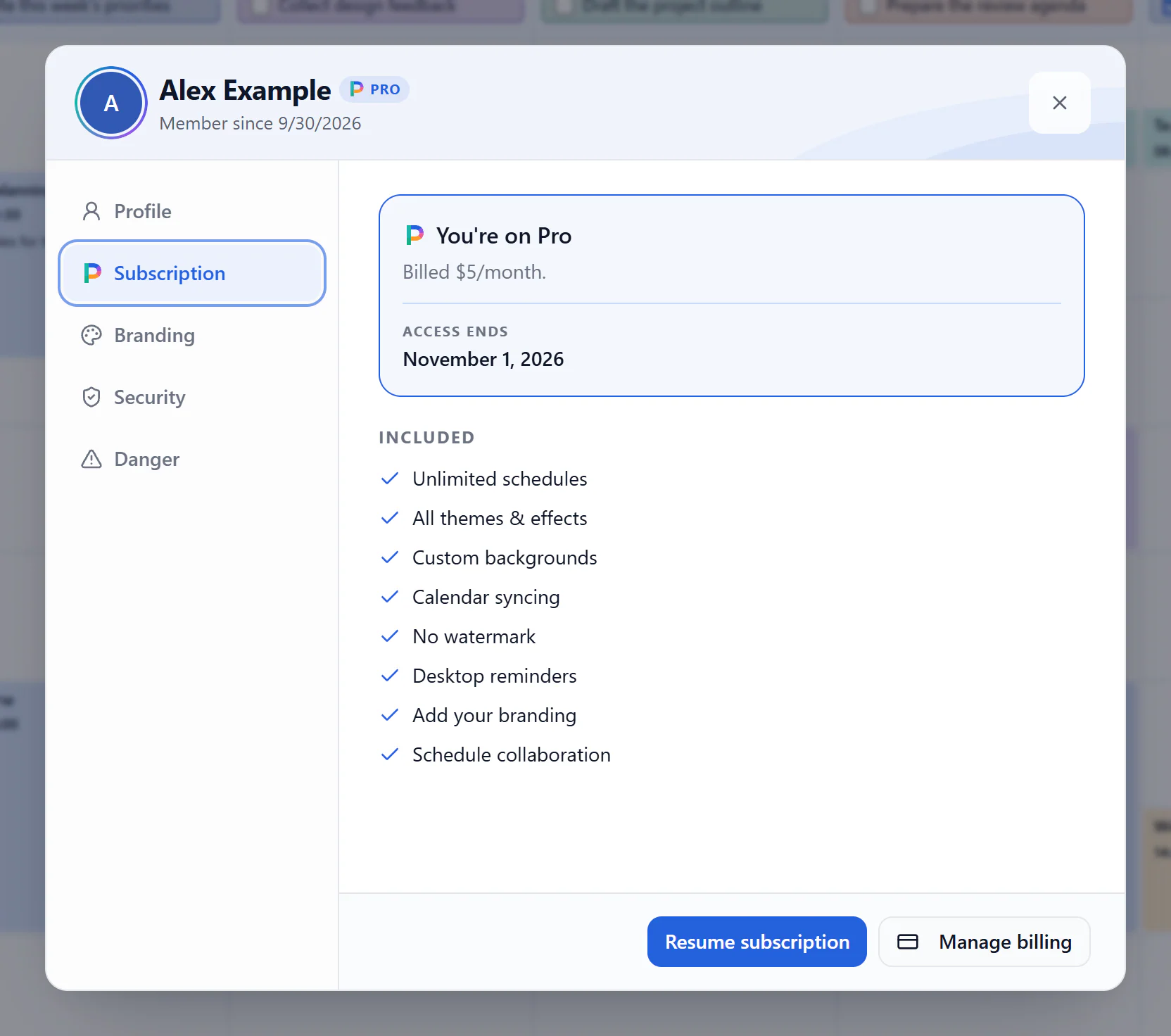Subscription tab showing Access ends and Resume subscription for an example scheduled cancellation