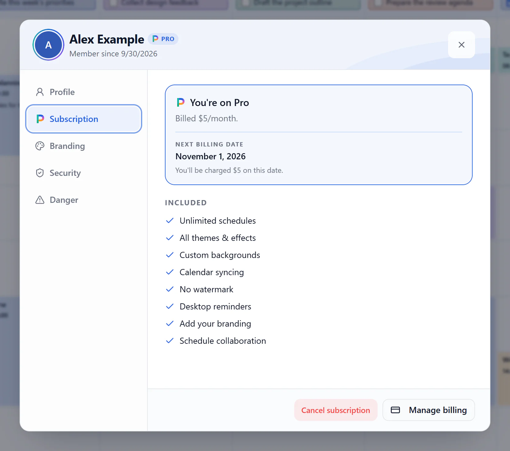 Subscription tab with an example next billing date and amount, Cancel subscription, and Manage billing