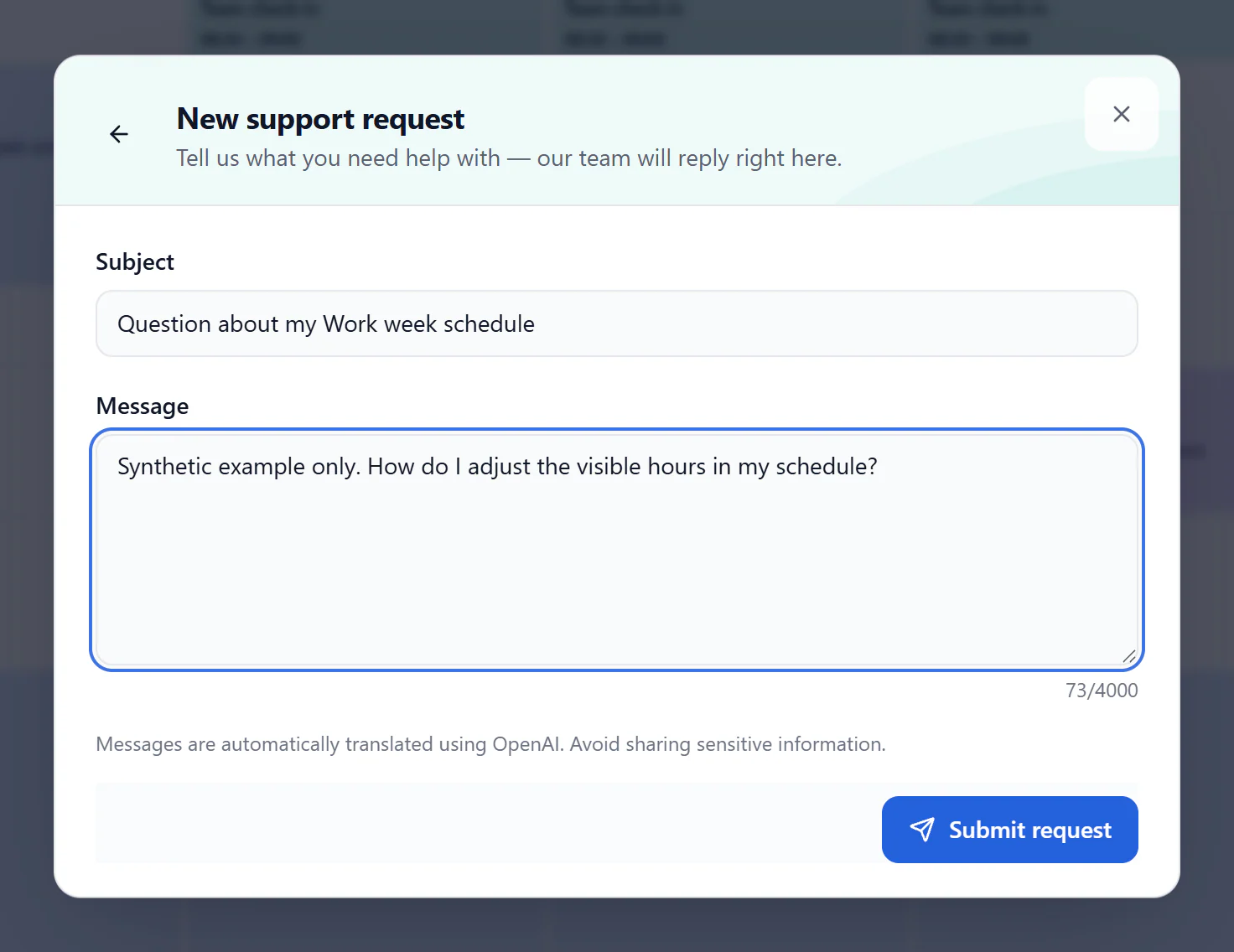 New support request form with Subject and Message fields and Submit request