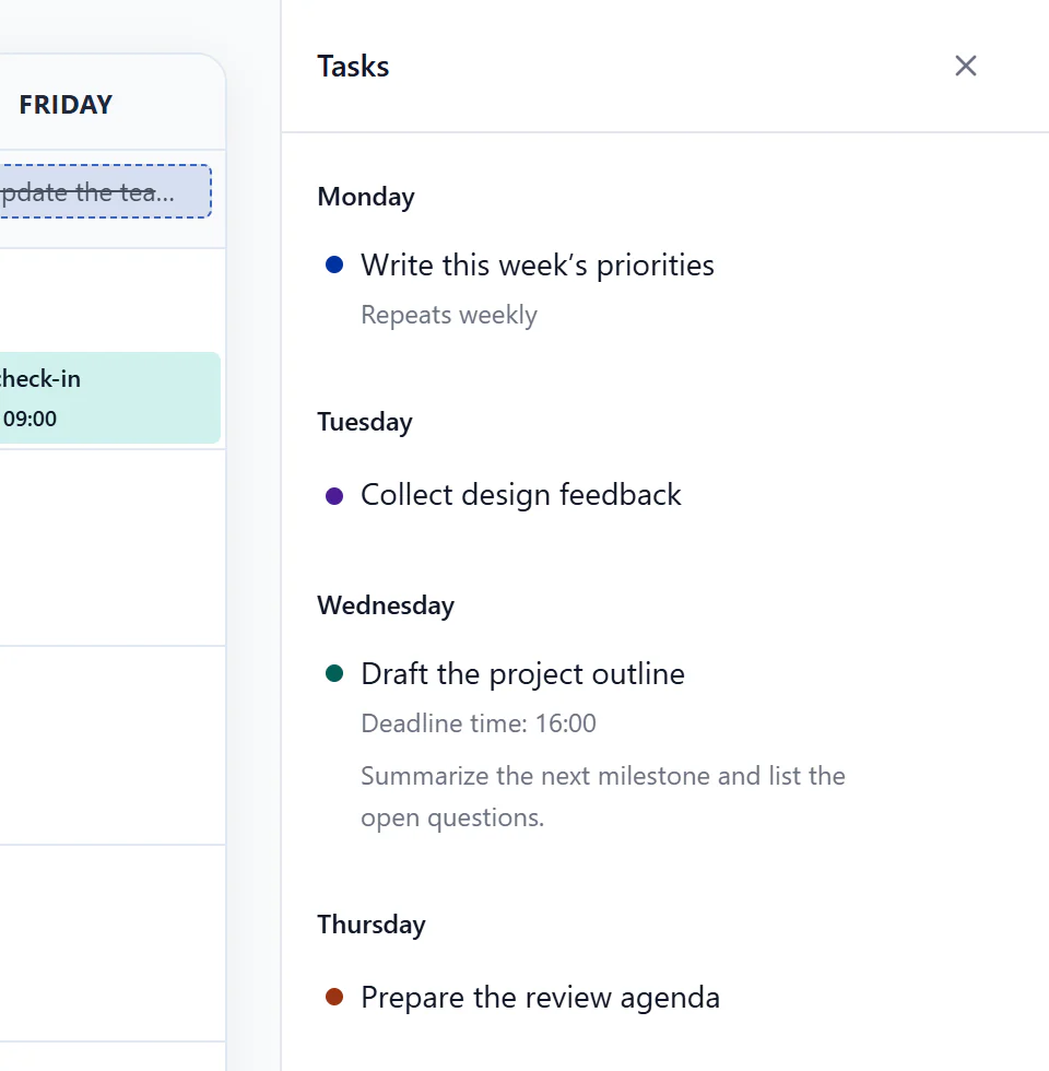 Private tasks grouped by weekday beside a narrow part of the schedule