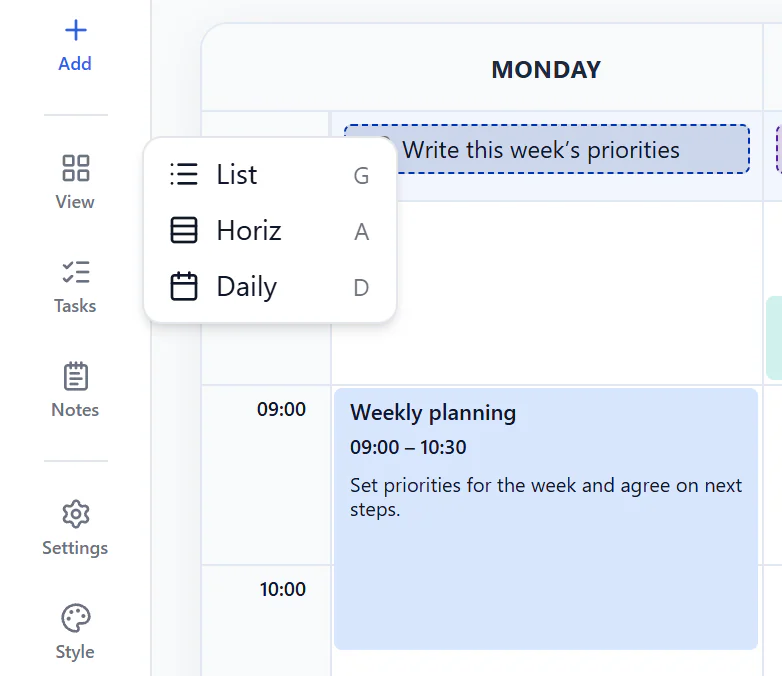 Builder View menu offering List, Horiz, and Daily beside the weekly grid